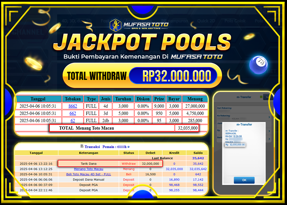 MUFASATOTO JACKPOT POOL TOTO MACAU Rp 32.000.000 | LUNAS